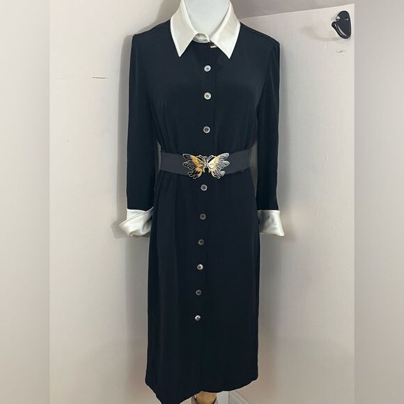 Anne Klein Vintage Y2K Black Midi Length Button Down Shirt Dress 6 - Picture 1 of 10